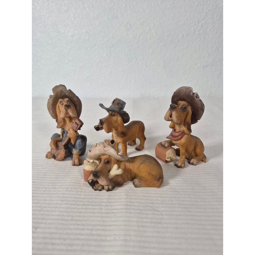 Vintage Style Hillbilly Basset Hound Dog Figurines Set of 4 Country Resin Decor